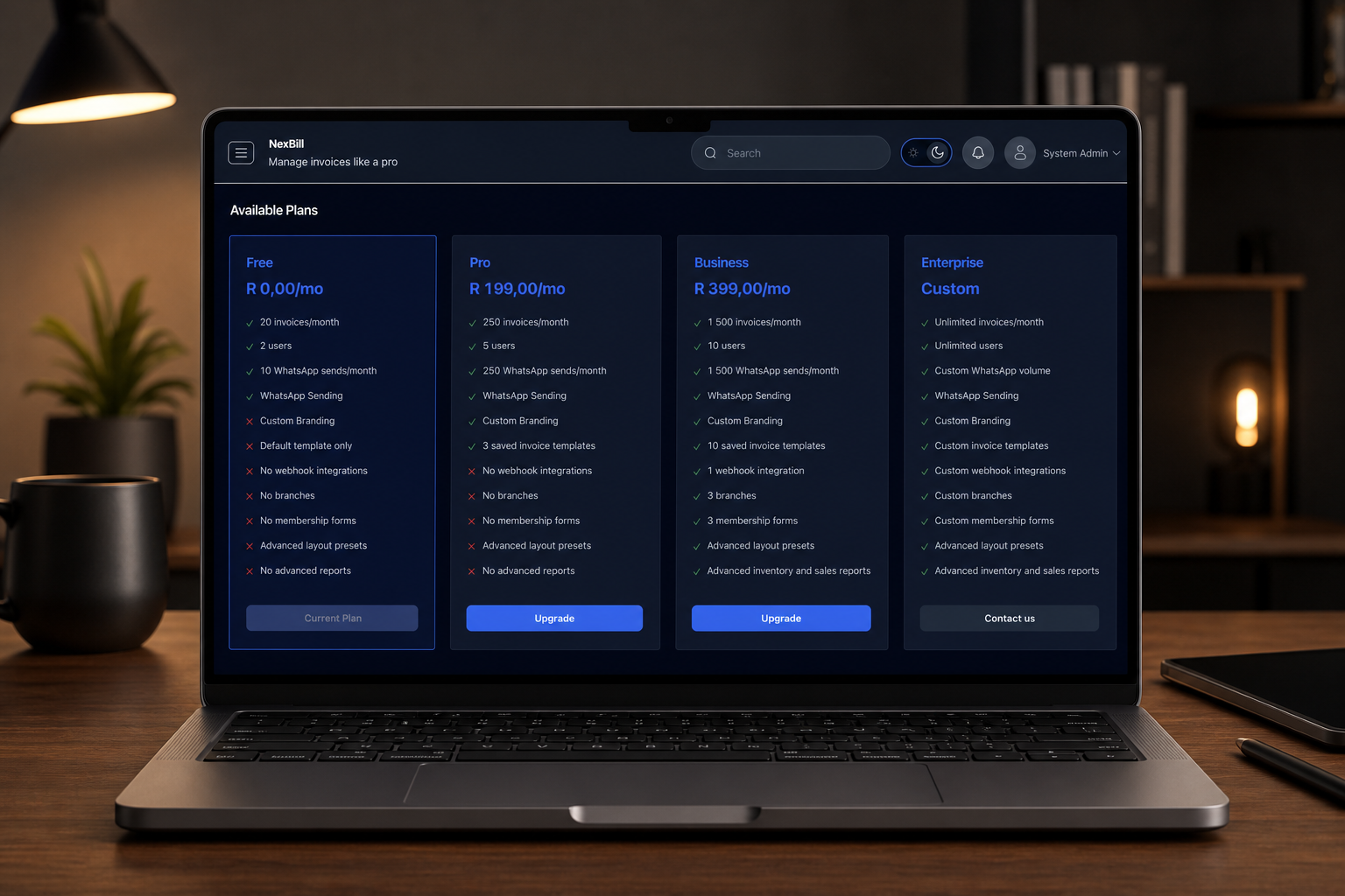 NexBill billing screen showing Business plan usage limits for invoices, users, branches, membership forms, templates, and webhooks.