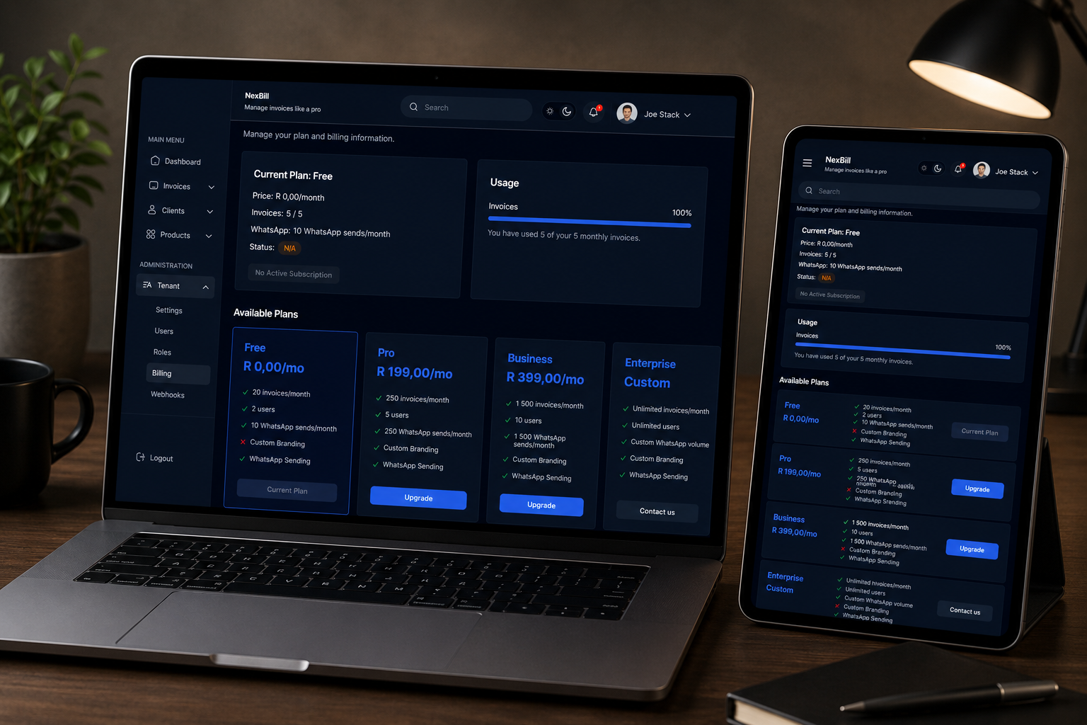NexBill billing screen showing subscription and payment management.