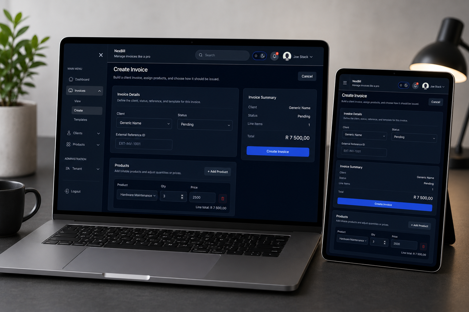 NexBill create invoice screen showing invoice details and line items.
