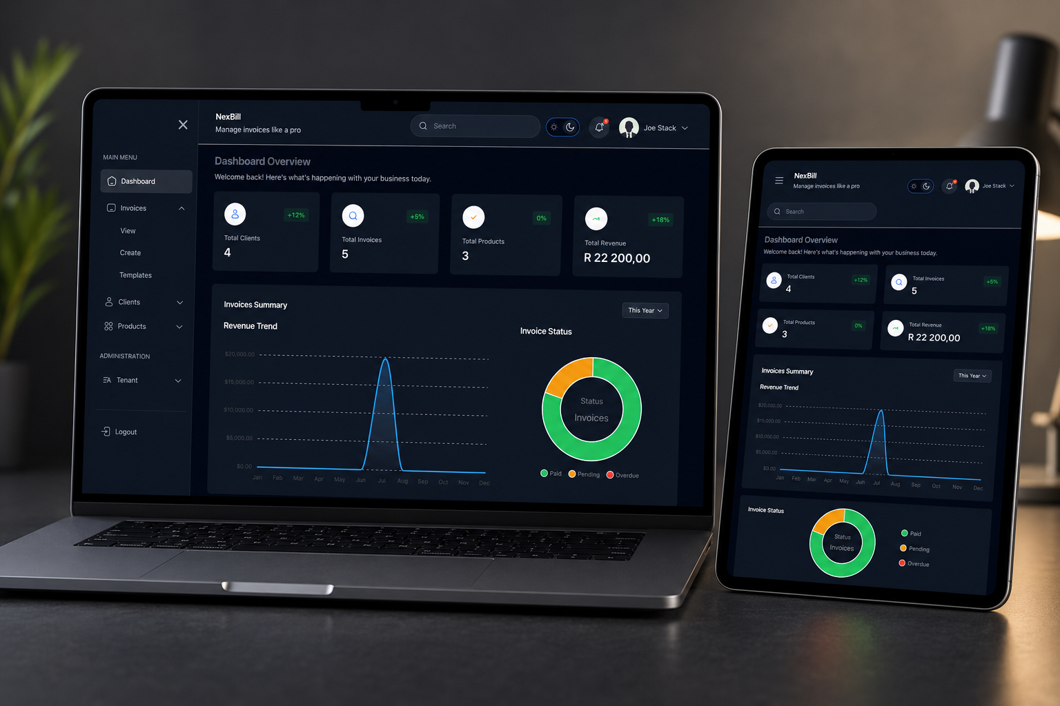 NexBill dashboard screen showing invoicing metrics and recent activity.