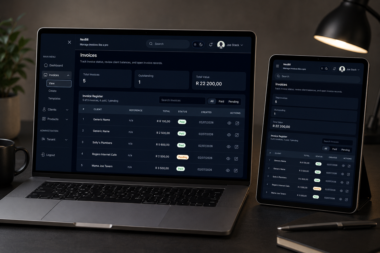 NexBill invoice management screen with invoice records and status details.