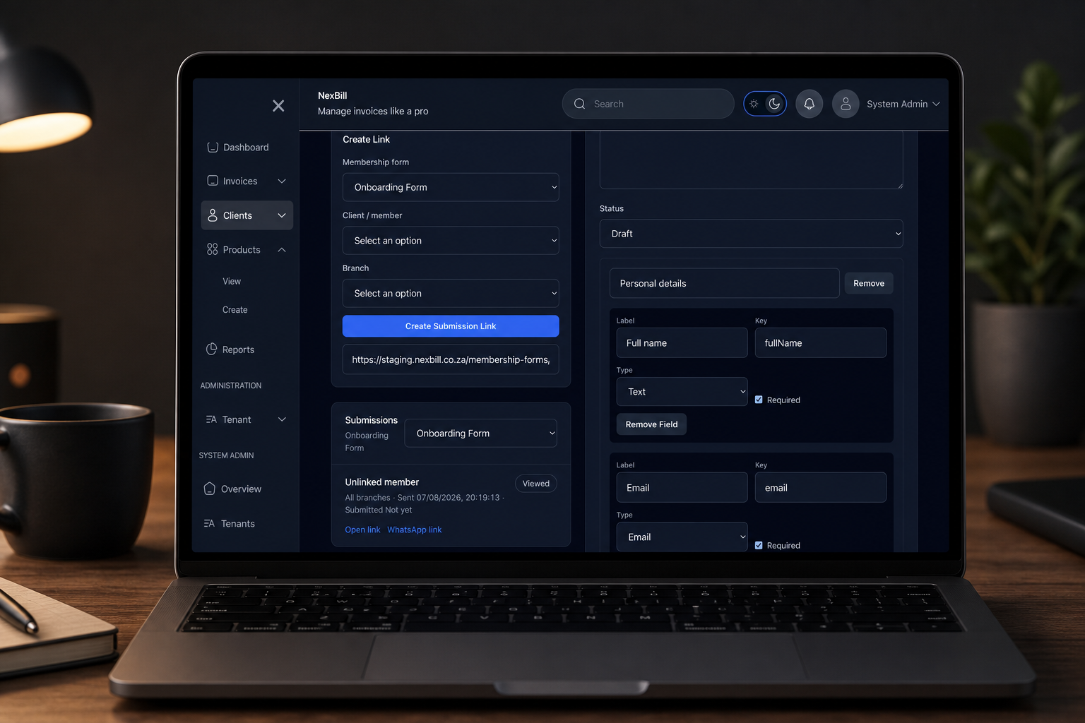 NexBill membership forms screen showing form records, branch scope, submissions, and sharing actions.