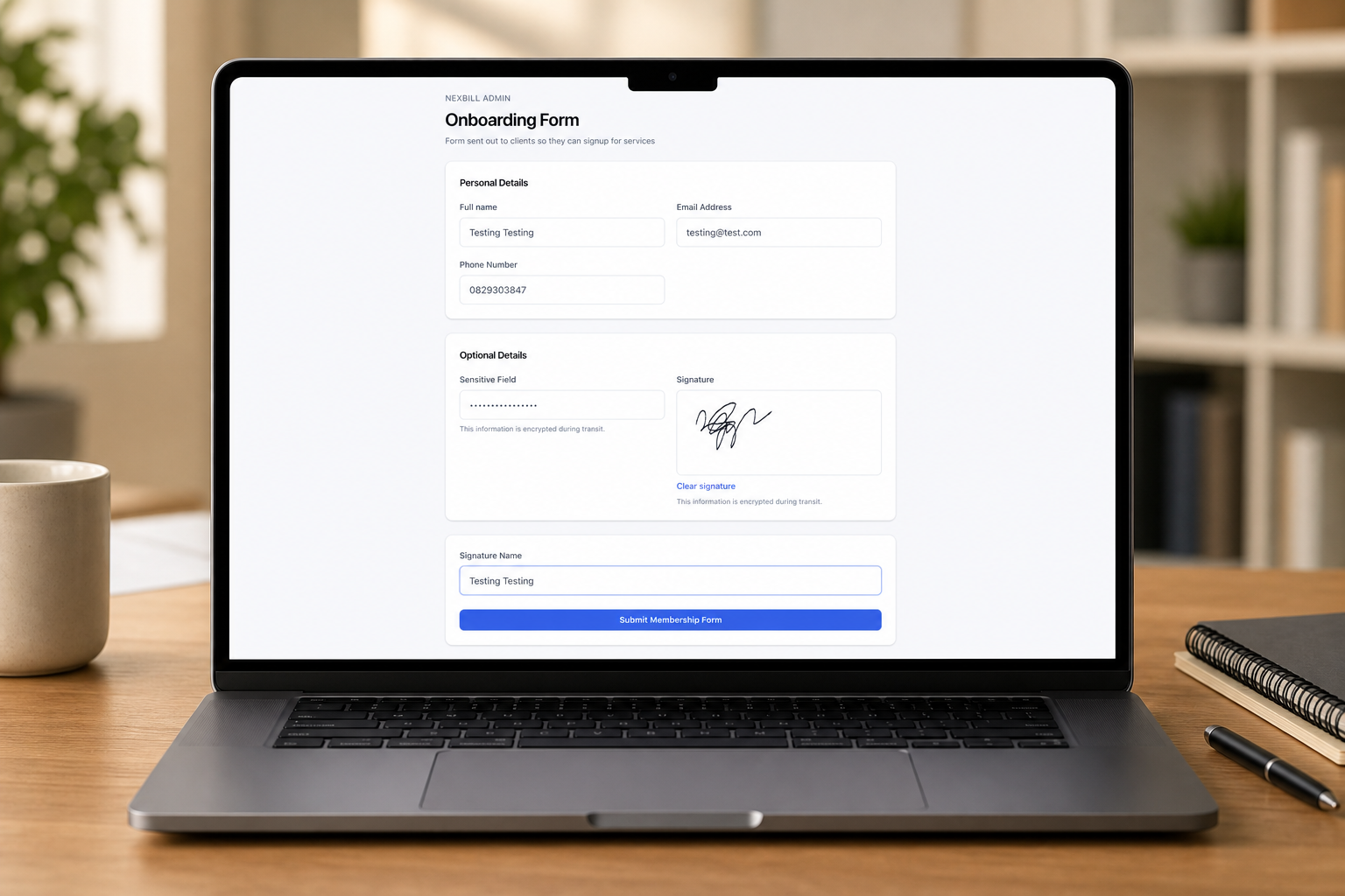 NexBill public membership application form with member fields, signature capture, and encrypted HTTPS notice.