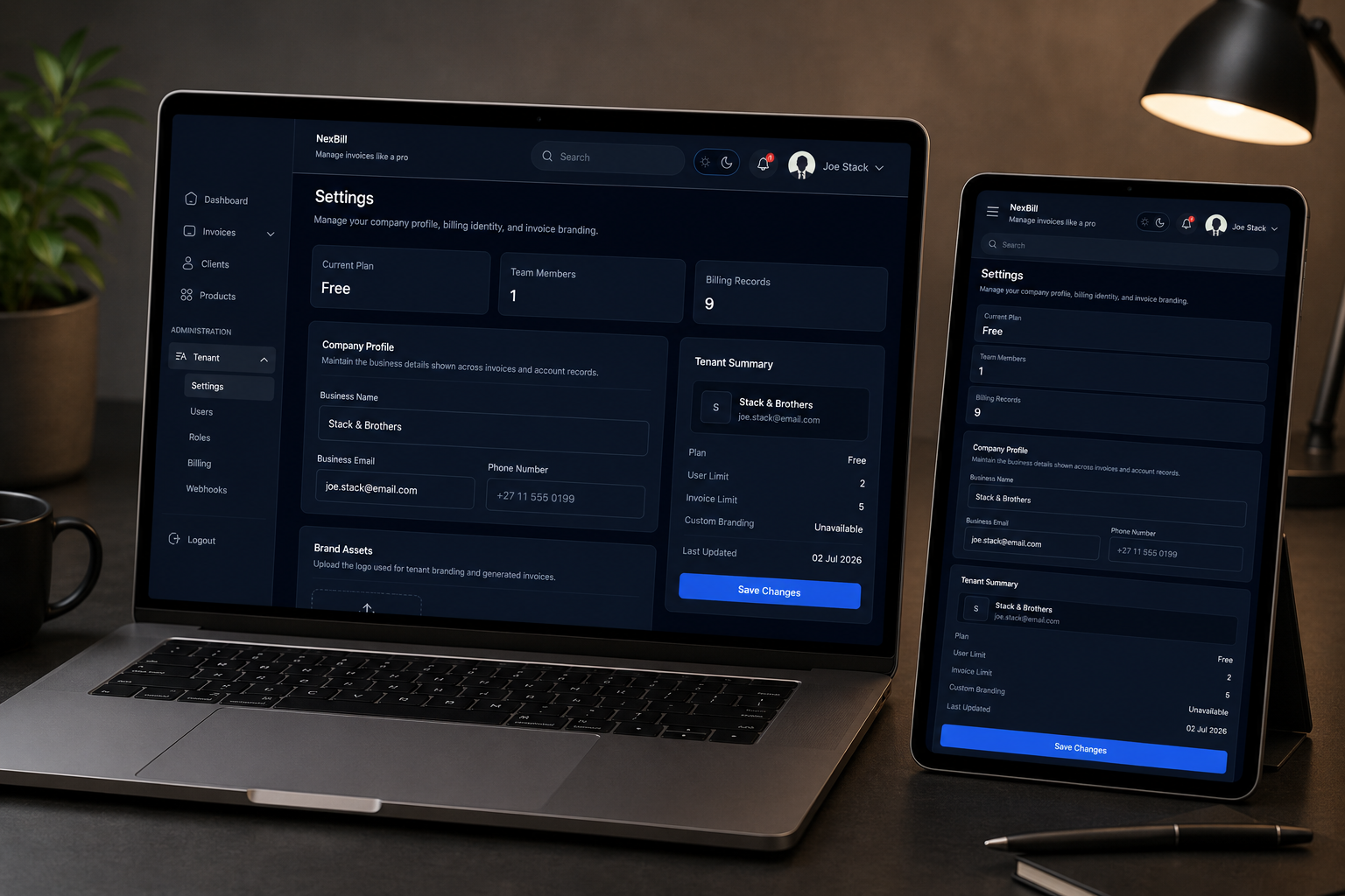 NexBill tenant settings screen with workspace configuration controls.