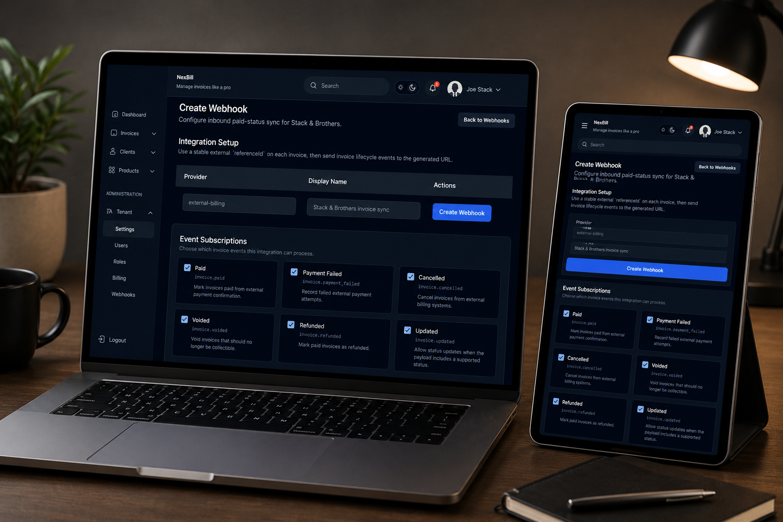 NexBill webhook settings screen showing integration endpoint controls.
